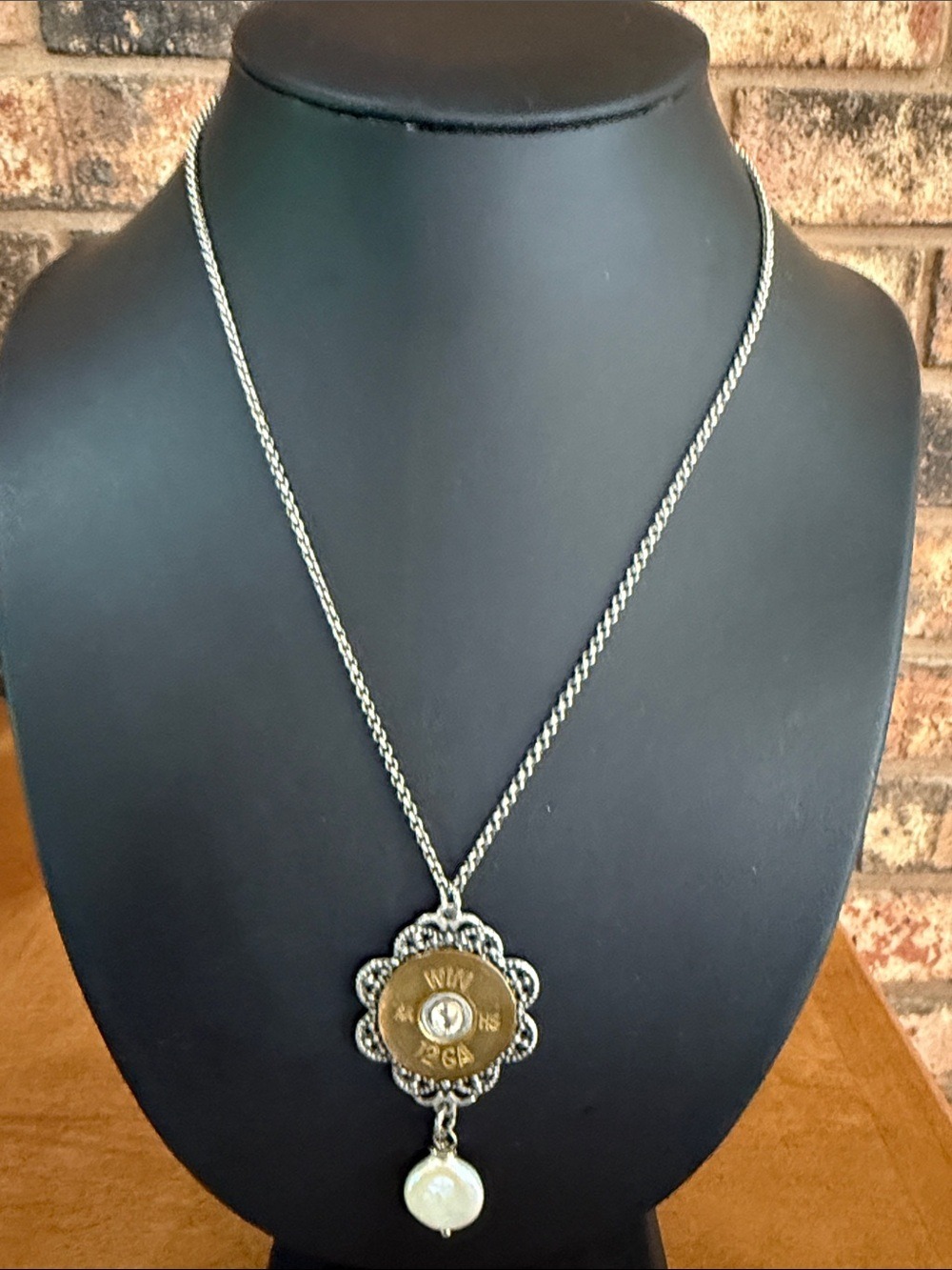 Winchester 12-gauge shell casing filigree pendant pearl charm necklace